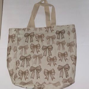 NWT Unbranded Reusable Durable Canvas Large Tote Bag Embellished Bows Brown Tan